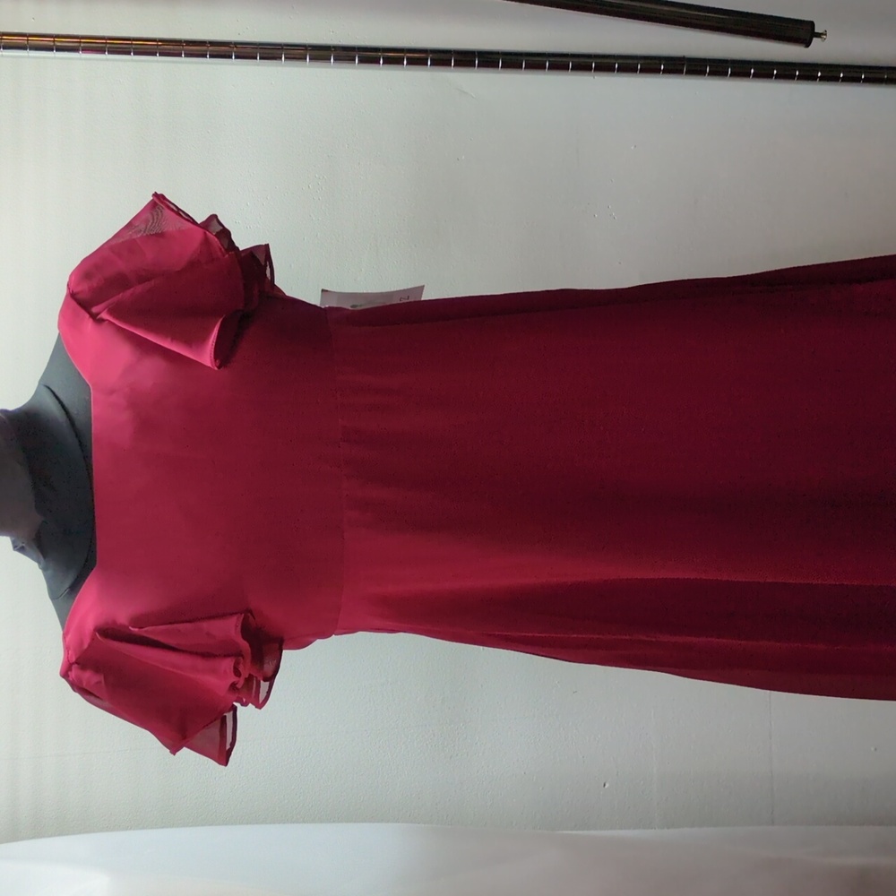 NEW Dark Red Chiffon Slit Side Flutter Sleeve Bridesmaid Dress, Size XS